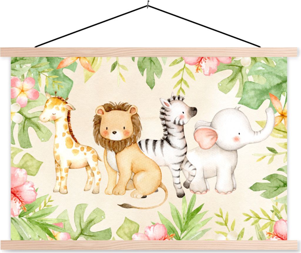 MuchoWow Textilposter Dschungel - Tiere - Blumen - Pflanzen 120x80 cm mit holzfarbenen Rahmen - Aufhängeset