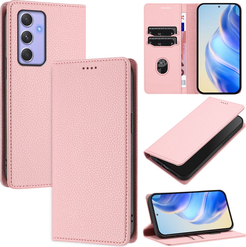 Litchi Leder Handyhülle für Samsung Galaxy A54 Wallet Kartenfächer Standfunktion Hülle Pink