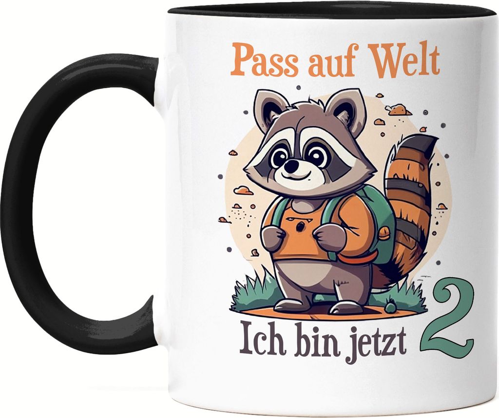 Pass auf Welt ich bin 2 Tasse Schwarz Waschbär Junge Geburtstagskind