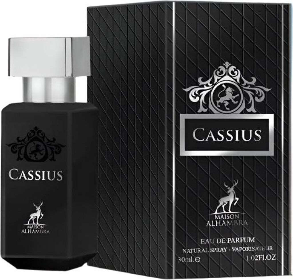 A black perfume bottle and its packaging are displayed against a white background.