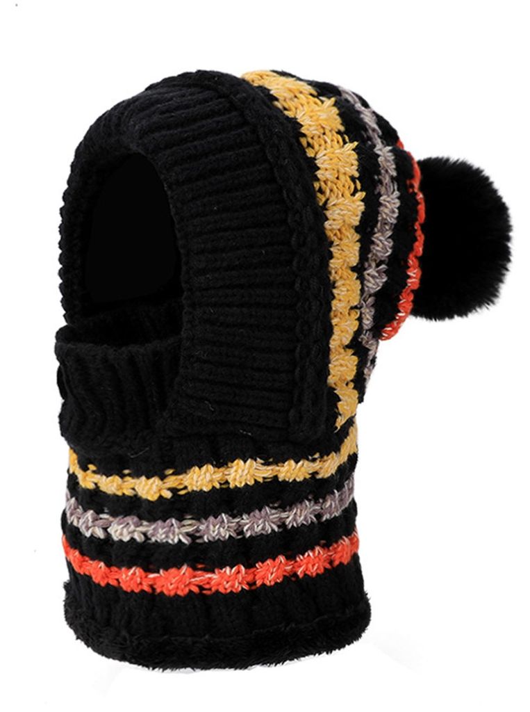 Damenmütze mit langem Schal, Gesichtsschutz, warm gestricktes Thermofleece, Wintermütze, Skimütze mit Patchwork-Farben, Plüschbommel-Dekor, Kop...