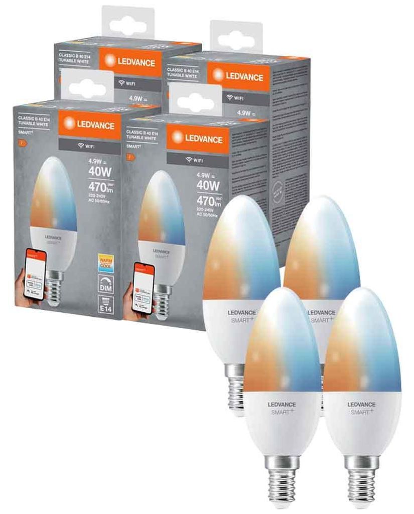 4 x Ledvance LED Smart+ Kerze 4,9W = 40W E14 matt 470lm CCT 2700K-6500K Dimmbar App Google Alexa WiFi