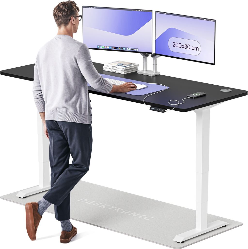 Desktronic HomePro Elektrisch höhenverstellbarer Schreibtisch 200x80cm Weiß/Schwarz mit Memory-Funktion, Anti-Kollisions Technologie, USB-A und U...