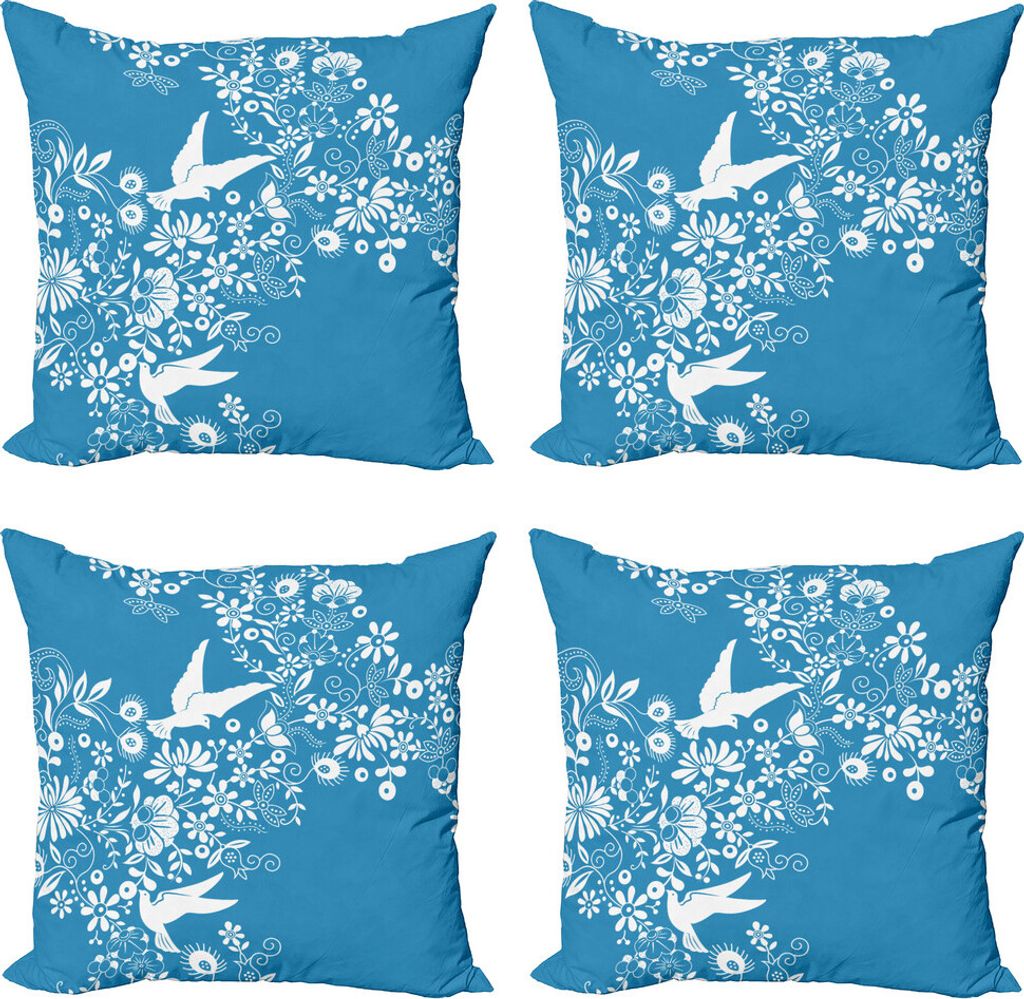ABAKUHAUS Blau Kissenbezug Set (4 Stück), Blumen fliegen Tauben Asian, Moderner Doppelseitiger Digitaldruck, 60 cm x 60 cm, Blau Weiss