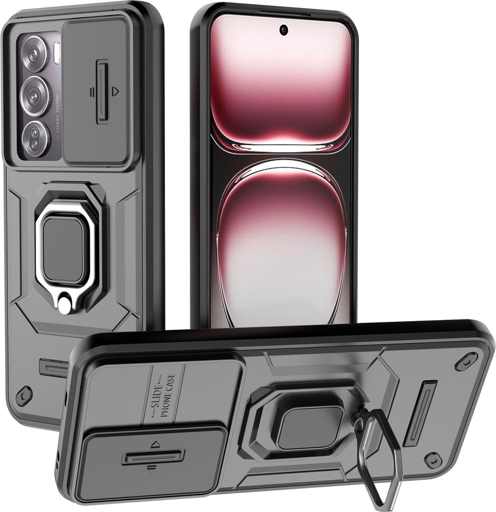 Hülle für Oppo Reno12 Pro Dual Layer Handyhülle Schiebe Kamera Schutz und Ringhalter Ständer Schwarz