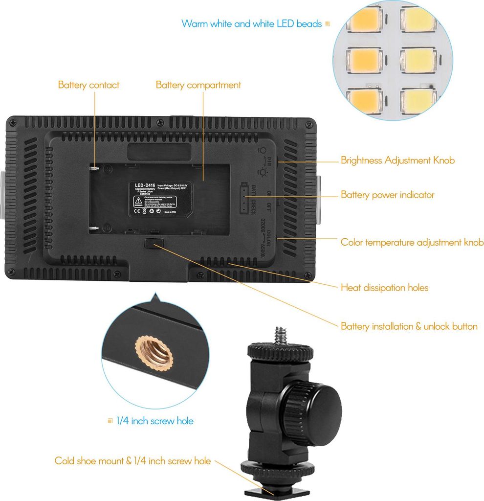 LED-416 LED-Videoleuchte, professionelles On-Camera-Fotografie-Panel, 416 helle Perlen, einstellbare zweifarbige Temperatur, 3200–5600 K, dimmbar...