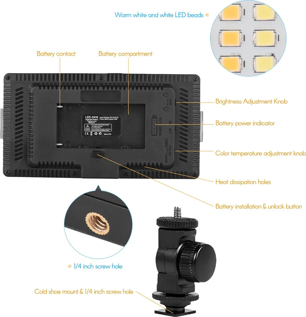 Panneau Lumineux LED-416 Anti-Ombres pour Vidéo et Photo Bicolore Réglable