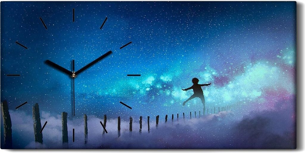Leinwand Wanduhr Wandkunst Uhr Quarz 60x30 Junge der auf Holzstäben balanciert - schwarze Hände