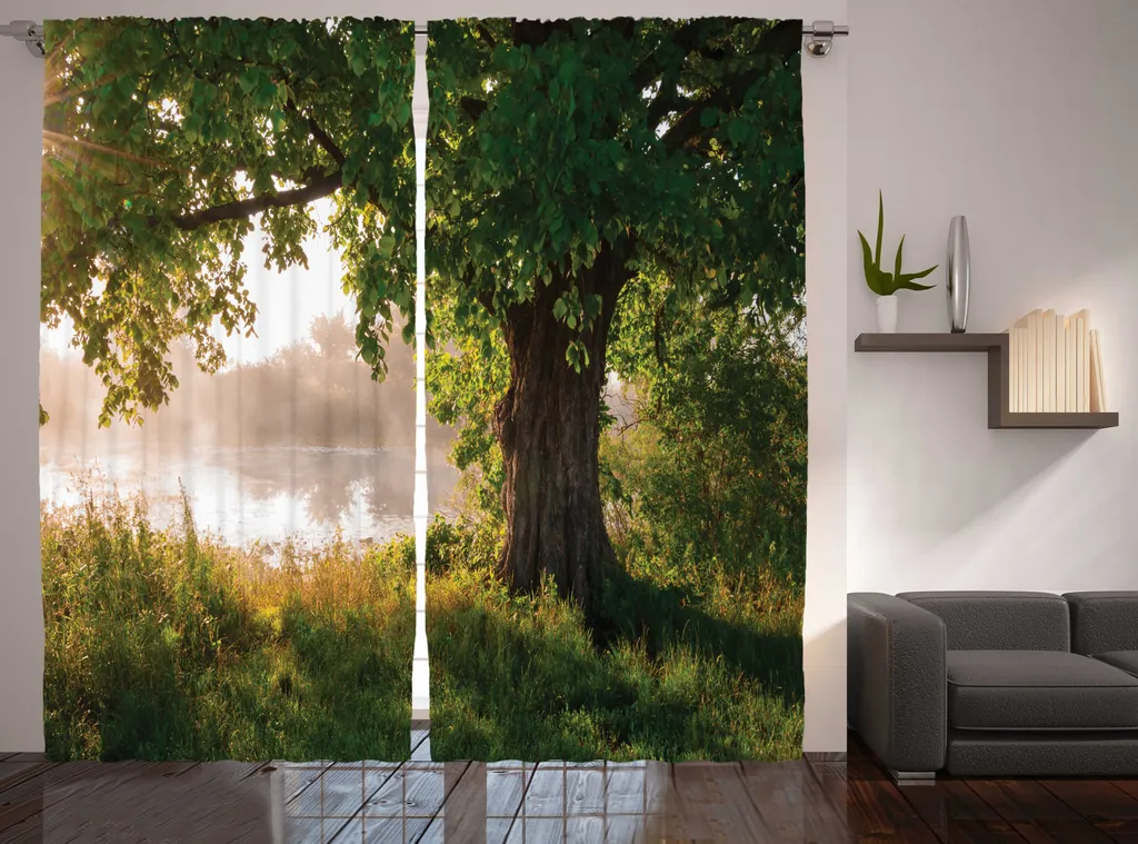 Rideau Occultant Partiel Anti-Vis-à-Vis Motif Forêt 280 x 225 cm Vert