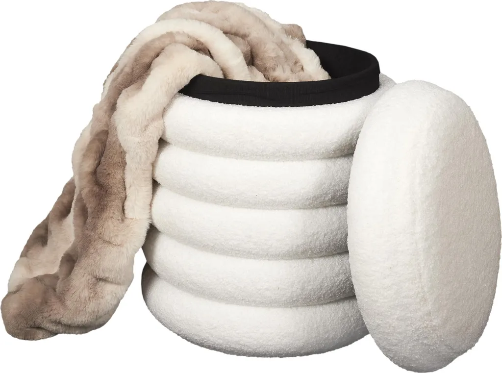 Pouf Rangement Bouclette Freya - Coffre de Rangement Design Blanc Cassé