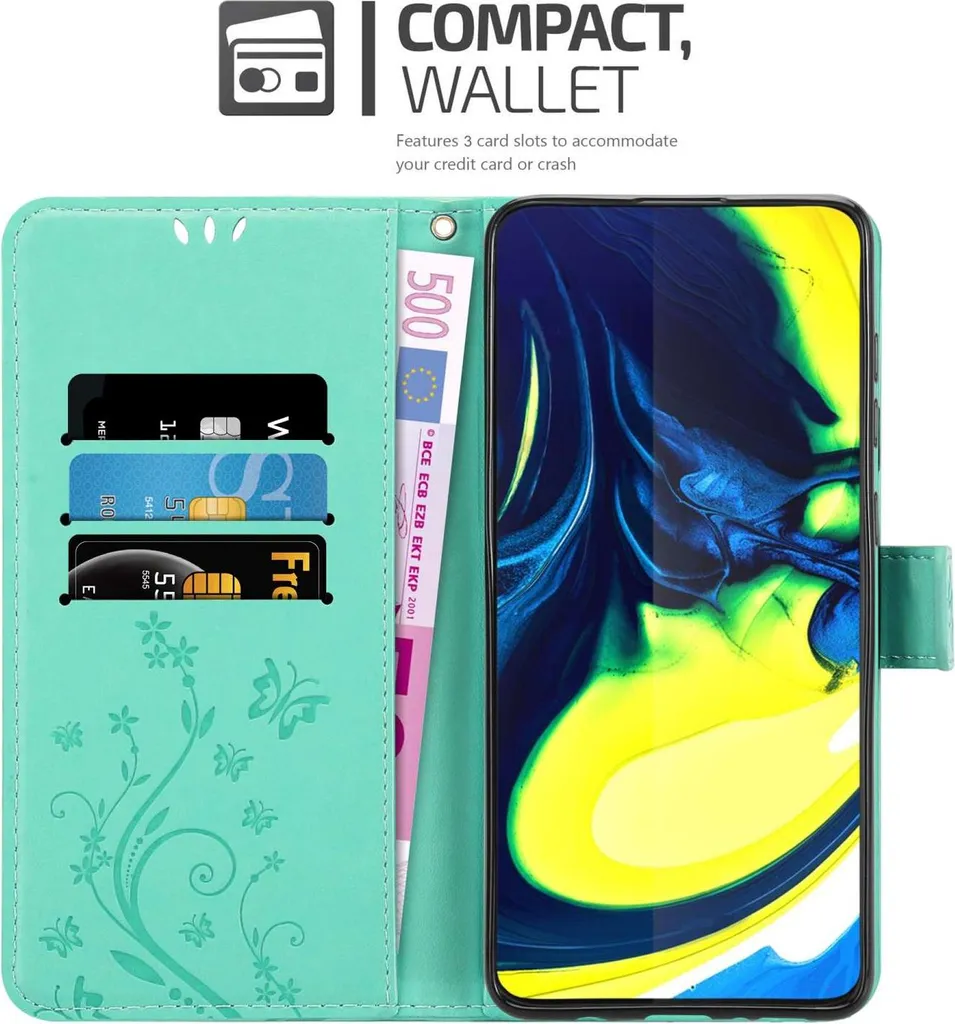 Cadorabo cover per Samsung Galaxy A80 / A90 4G in FLORAL TURQUOISE cover protettiva in design floreale con chiusura magnetica, funzione stand e slot per carte di credito flip case flower cover cover cover cellulare flap cover book case - 2