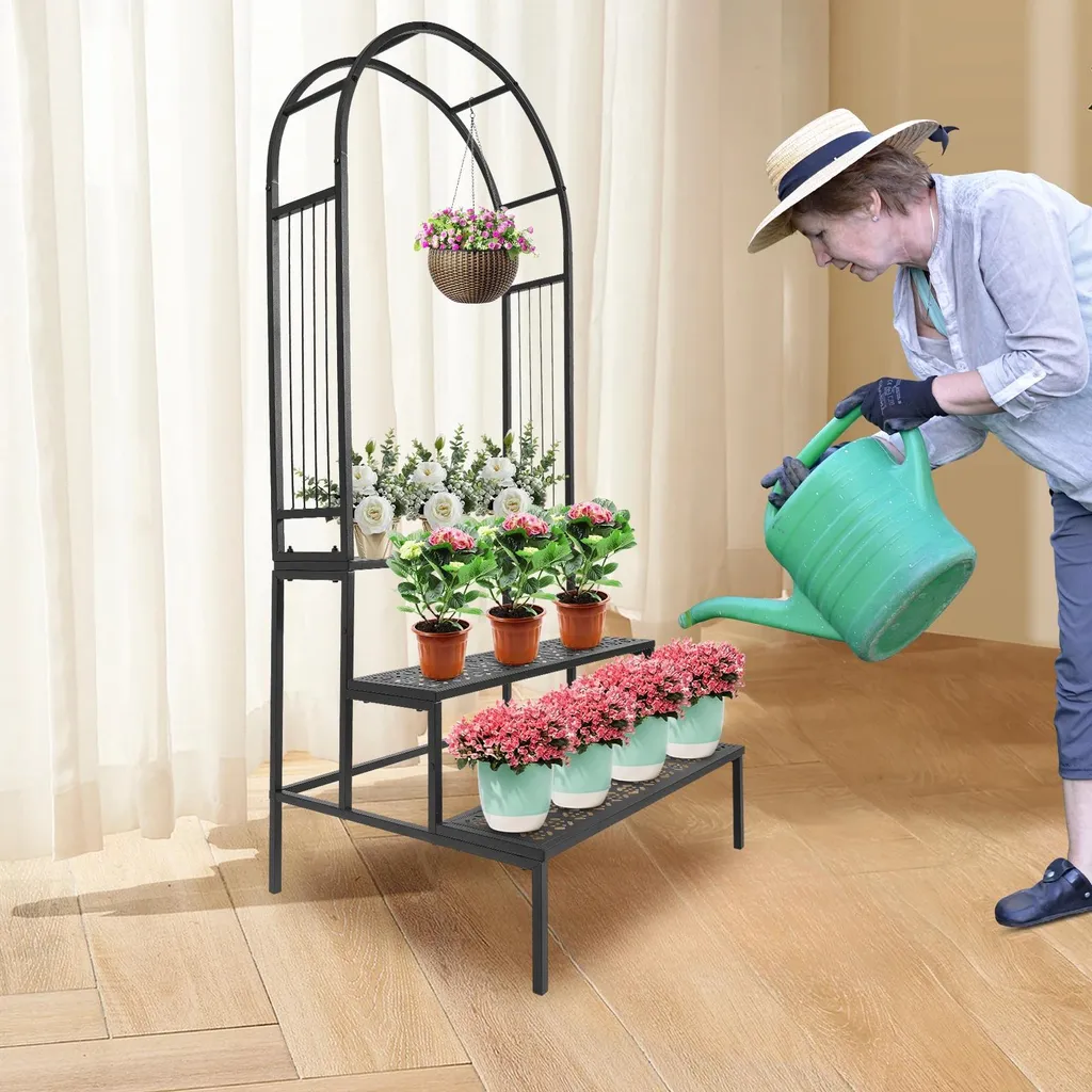 Support pour plantes à étages avec arche décorative en métal inoxydable