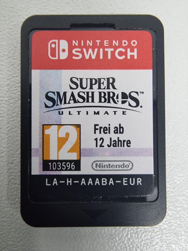 A Nintendo Switch game cartridge for Super Smash Bros. Ultimate.