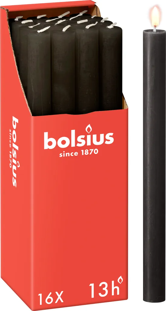 Lot de 16 bougies artisanales noires 27cm Bolsius à finition rustique