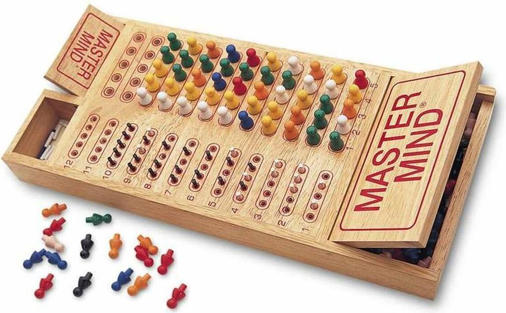 A wooden Master Mind board game with colored pegs is displayed on a white background.