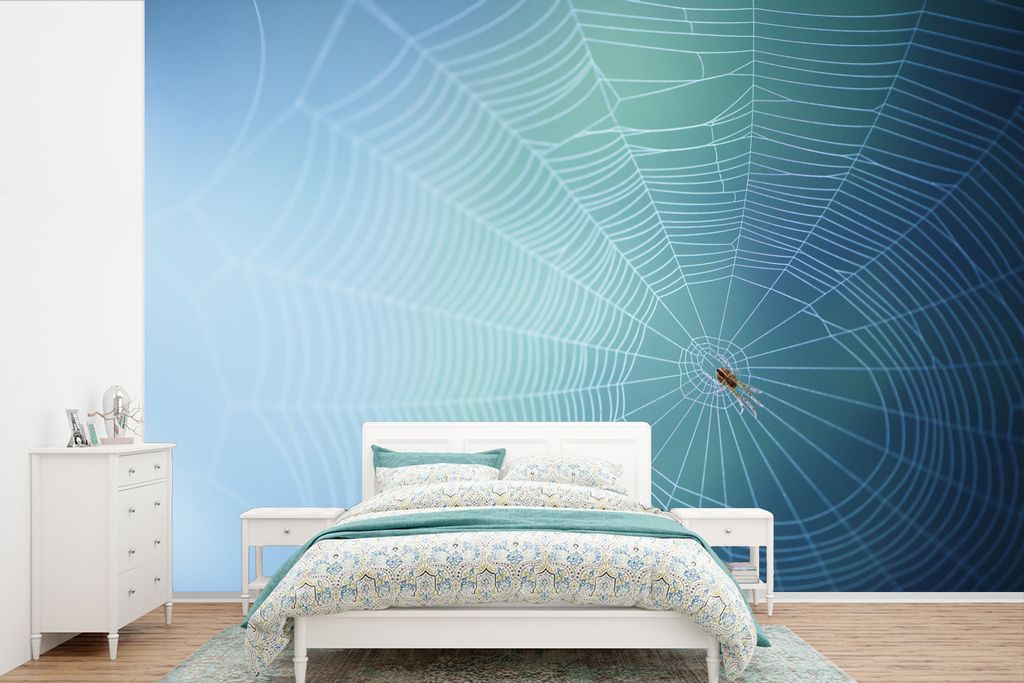 MuchoWow Fototapete für Wohnzimmer oder Schlafzimmer Wandtapete Vinyl Motivtapete Kunstvolles Spinnennetz für blauen Hintergrund - 420x280 cm -...