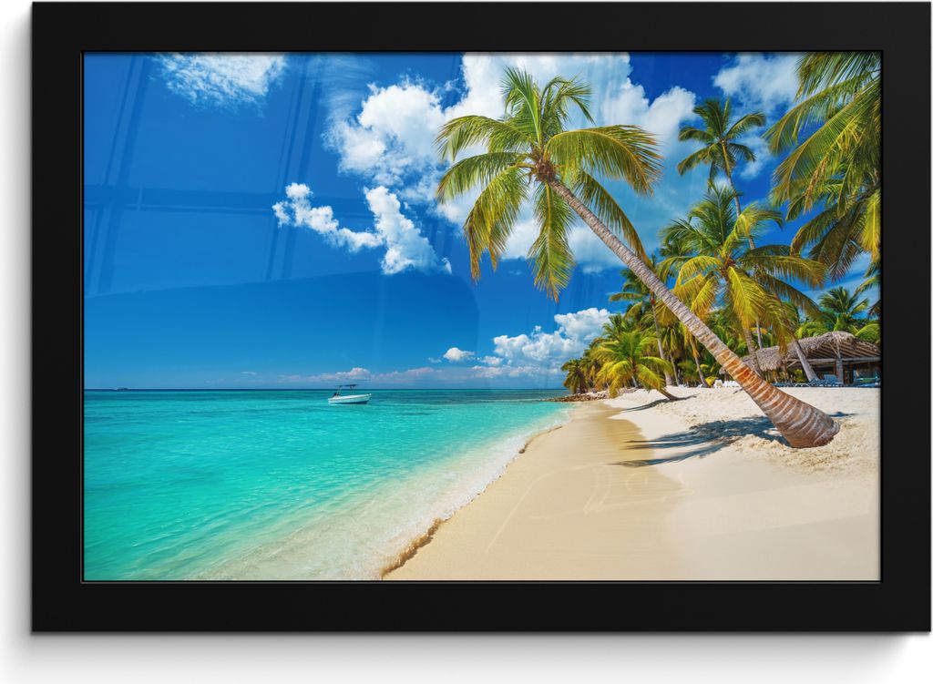 MuchoWow MuchoWow Gerahmtes Poster Strand - Meer - Boot - Palme 30x20 cm - Poster mit zchwarzem Bilderrahmen - Kunstdruck - Bild-Poster