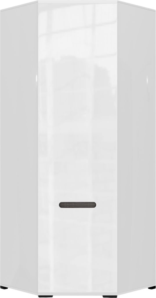 A white corner cabinet with a gray handle.