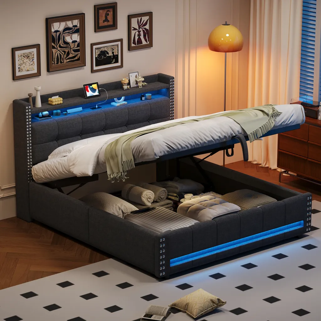 Lit avec Rangement et LED 160x200cm Flieks Gris en Lin Haute Qualité