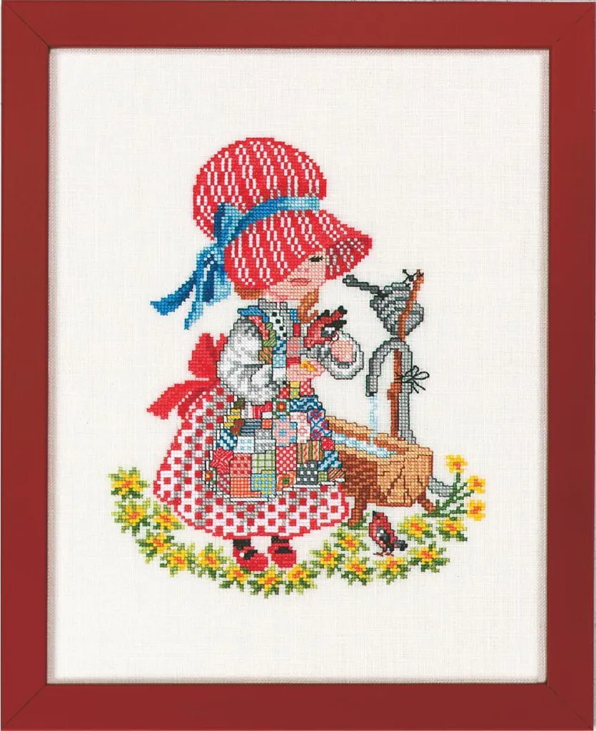 Kit Broderie Point de Croix Compté Fille au Robinet sur Toile de Lin