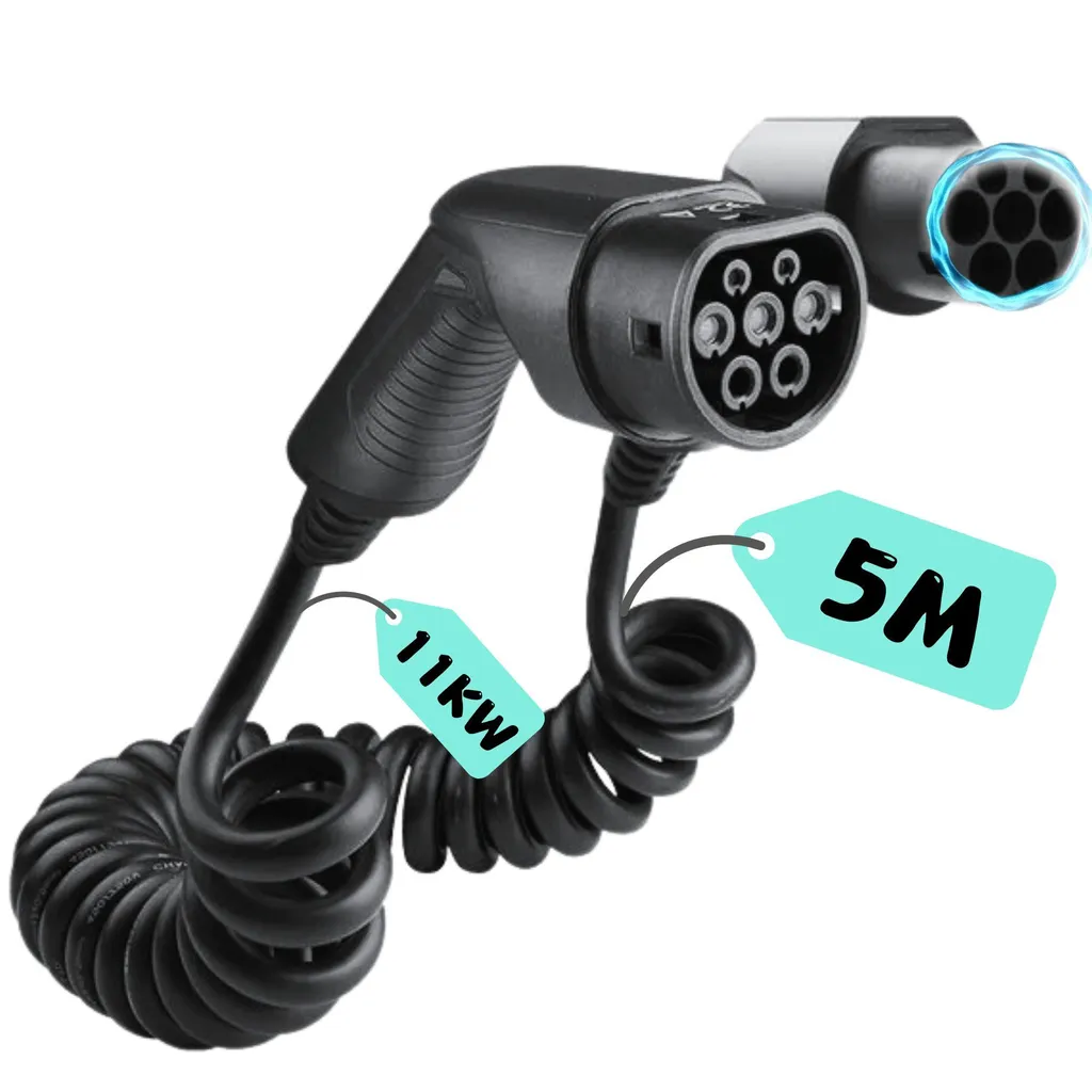 Câble de recharge spiralé Loady Type 2 vers Type 2 de 11 kW et 5m