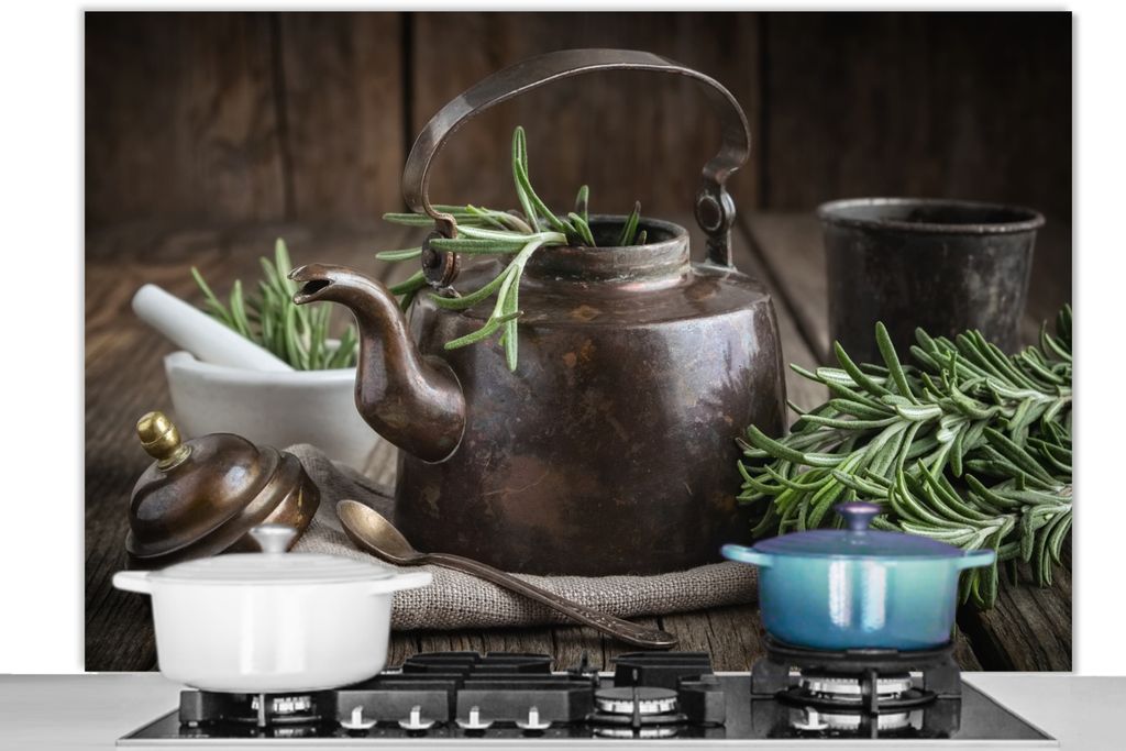 KitchenYeah Spritzschutz Küche - Küchenrückwand - Wandschutz für Herd und Spüle - Tee - Teekanne - Gewürze 120x80 - Alu-Dibond (Alternativ...