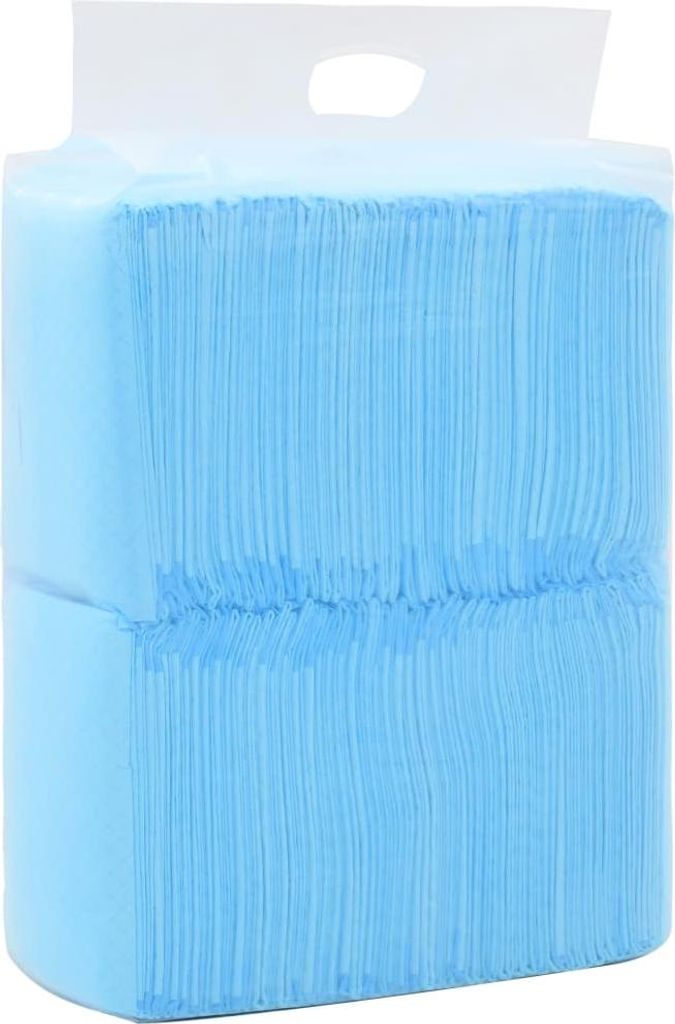 A stack of blue dog pee pads in packaging.