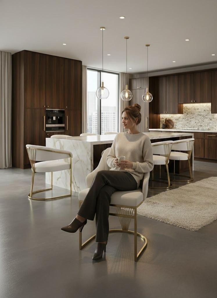 Eleganter Stuhl mit vertikalen Stofffalten und goldenen Akzenten