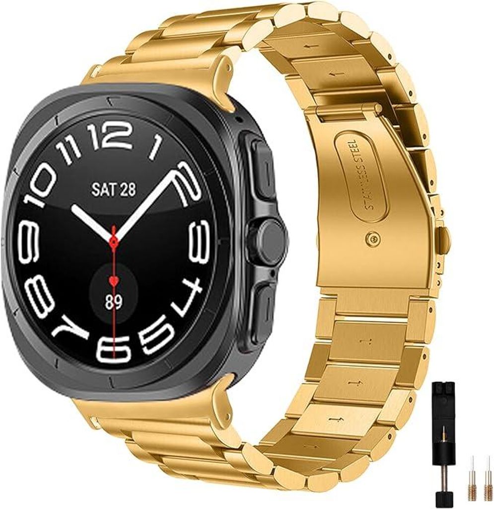 FFO2World Edelstahl-Gliederarmband – Kompatibel mit Samsung Galaxy Watch Ultra 47 mm / Ultra 2025 – Metallarmband mit Kürzungswerkzeug – Gold
