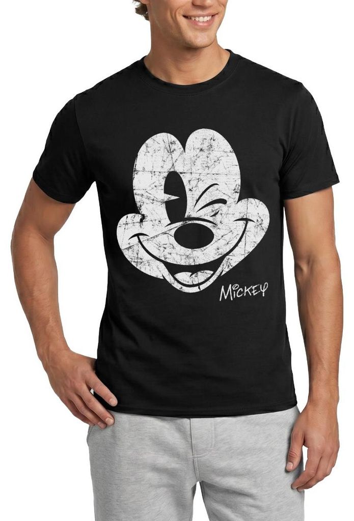 Mickey & Minnie Retro Mickey Mouse Zwinkernd Männer T-Shirt, S, Schwarz