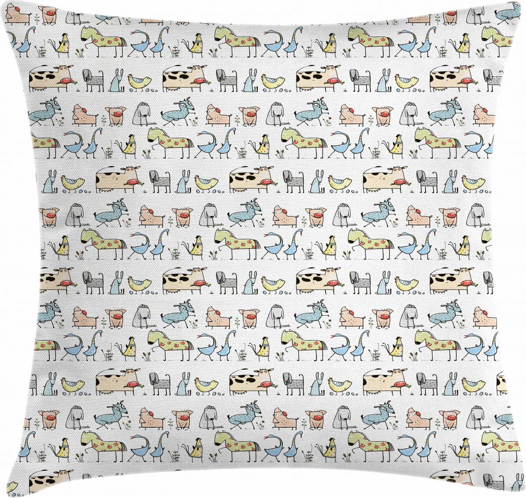 ABAKUHAUS Retro Kissenbezug, Cartoon Dorf Tiere, Waschbar mit Reißverschluss Kissenhülle mit Farbfesten Klaren Farben Beidseitiger Druck, 40 x 40...
