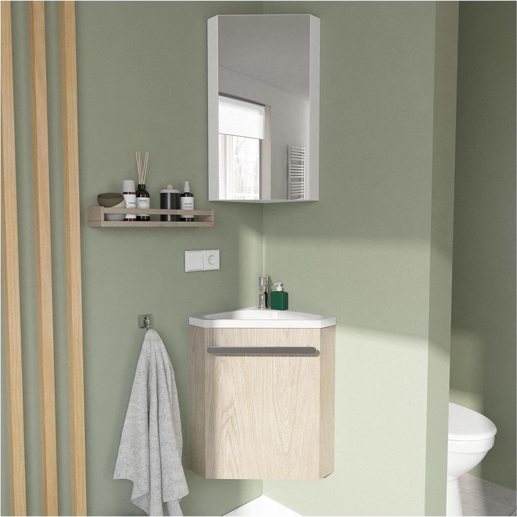 Eckwaschbecken + Wasserhahn + SKINO-Schrank
