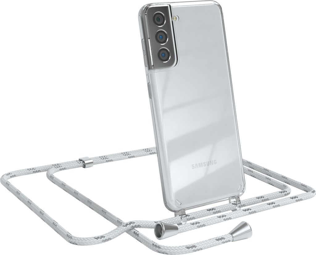 EAZY CASE Handykette kompatibel mit Samsung Galaxy S21 5G, Handyhülle mit Umhängeband, Handykordel, Schutzhülle Clear, Band in Weiß