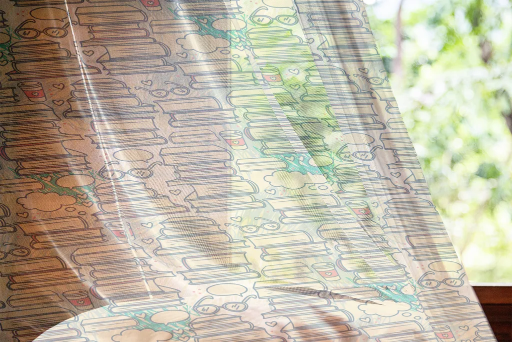 ABAKUHAUS Amanti dei libri Arazzo, Pila di libri con pensieri Bolle Occhiali Cuori Tazze da caffè Università, Soggiorno Camera da letto Tessuto da parete in raso setoso, 240 cm x 274 cm, Crema Verde mandorla - 4