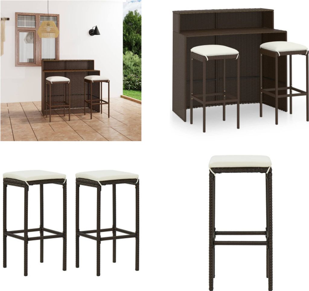 vidaXL 3 tlg. Gartenbar Set mit Kissen Braun - Garten-Bar Set - Garten- Bar-Sets - Gartentisch Und Stuhl - Gartentische Und Stühle