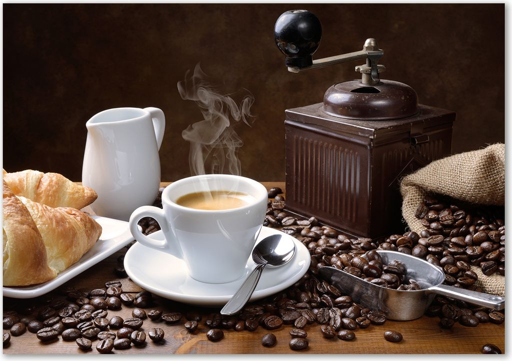 Tulup Glas-Bild - 100 x 70 - Wandbild aus Glas - Wandkunst - Wandbild hinter gehärtetem Sicherheitsglas - Essen & Getränke - Croissants Kaffee ...