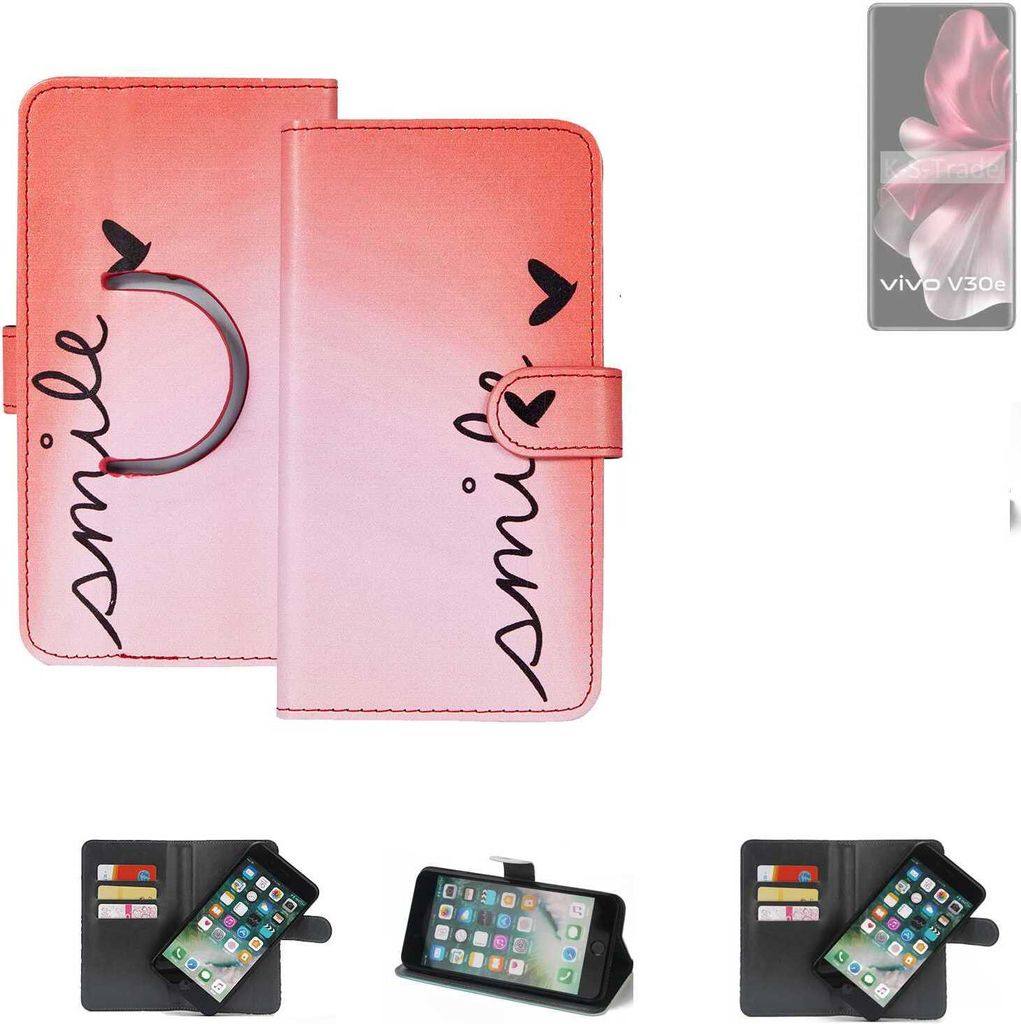 K-S-Trade Schutzhülle Handyhülle kompatibel mit Vivo V30e V2339 Hülle cover bookstyle Etui ''smile'' rot Standfunktion Kameraschutz (1Stk)
