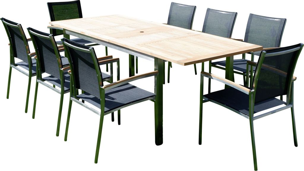 ALEOS. Gartengarnitur Edelstahl Batyline A-Grade Teak Holz Set: Ausziehtisch 160/220 x 90 cm + 8 Sessel Serie KUBA-SCHWARZ Gastroqualität