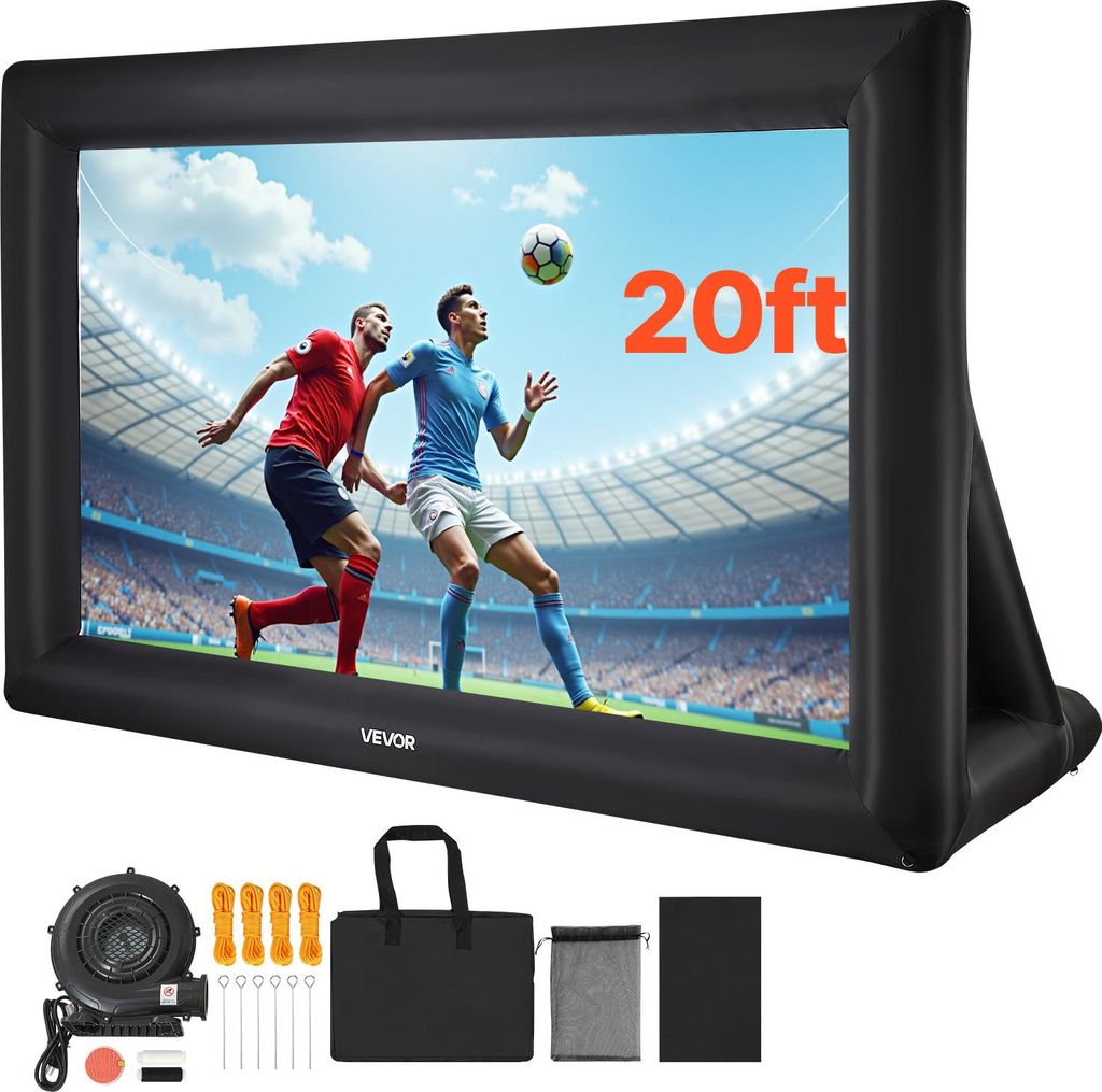 An inflatable movie screen displaying a soccer game, with accessories laid out below.