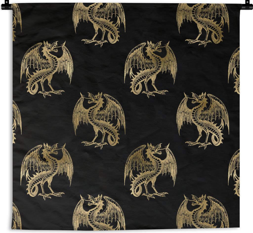 MuchoWow Wandteppich Wandbehang Muster - Drache - Gold - Schwarz 150x150 cm Tapisserie Dekoration Wandtuch - Wohnaccessoires - Modernes