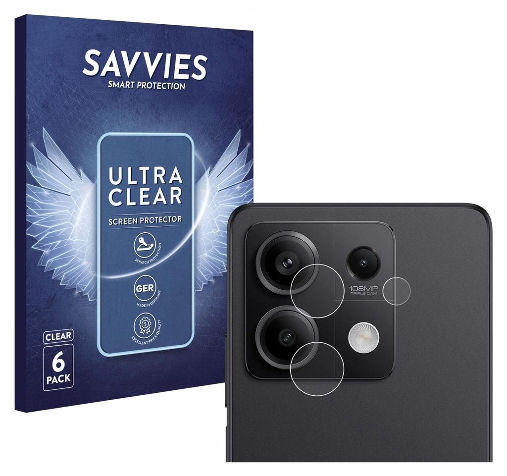 A product shot showing a box of screen protectors and a close-up of a phone's camera lens with screen protectors applied.