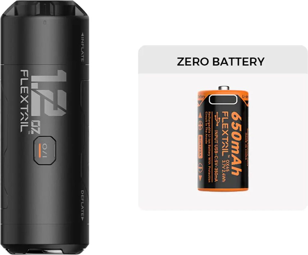 A product image showing a portable air pump and a battery. The pump is black with white text and a small screen. The battery is orange with black and white text.