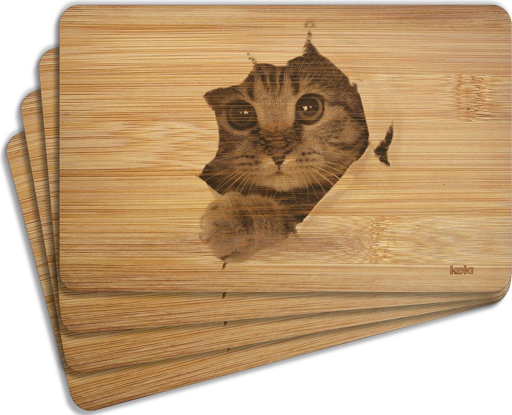 Wallario Frühstücksbrettchen 4er Set aus Holz, je 22 x 14 cm, Motiv Katze mit Blick nach vorn