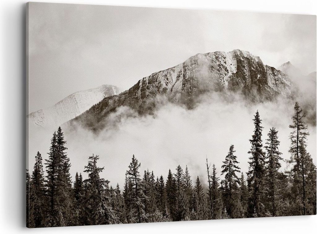 Bild auf Leinwand - Leinwandbild - Einteilig - Nebel Berg Wald - 100x70cm - Wand Bild - Wanddeko - Wandbilder - Leinwanddruck - Bilder - Wanddekora...