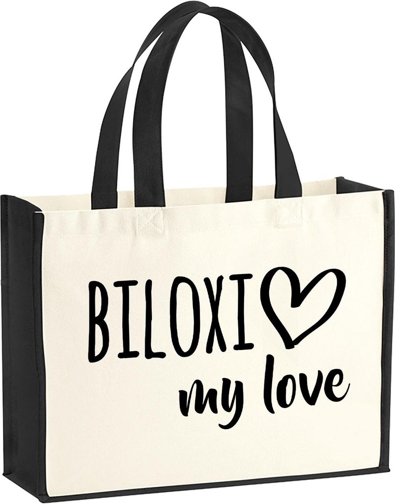 Huuraa Jutetasche Biloxi my love 21 Liter Black Jute und Baumwolle Einkaufstasche Geschenkidee