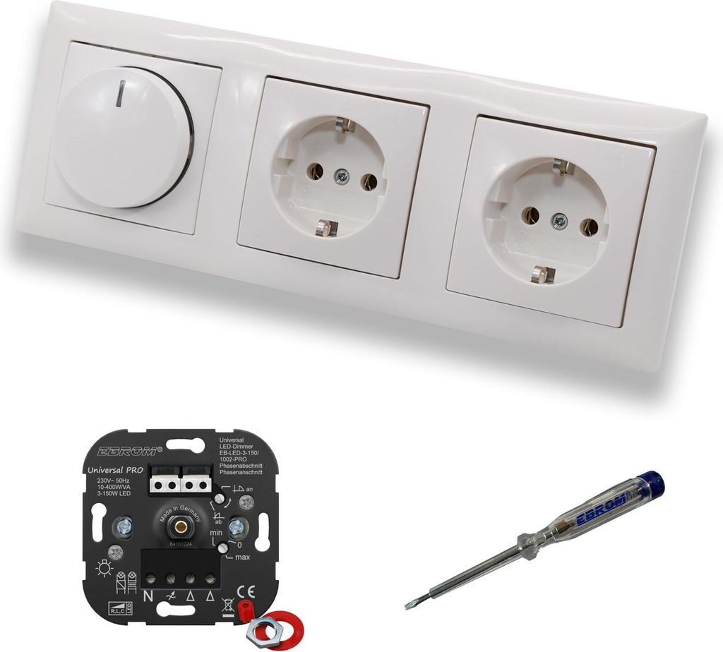 EBROM 1002 Universal PRO LED Drehdimmer Dimmer + Busch Jäger Dimmerscheibe 2115-914 und 2 x Steckdose mit Kinderschutz 20EUCKS-914 in Balance Si a...