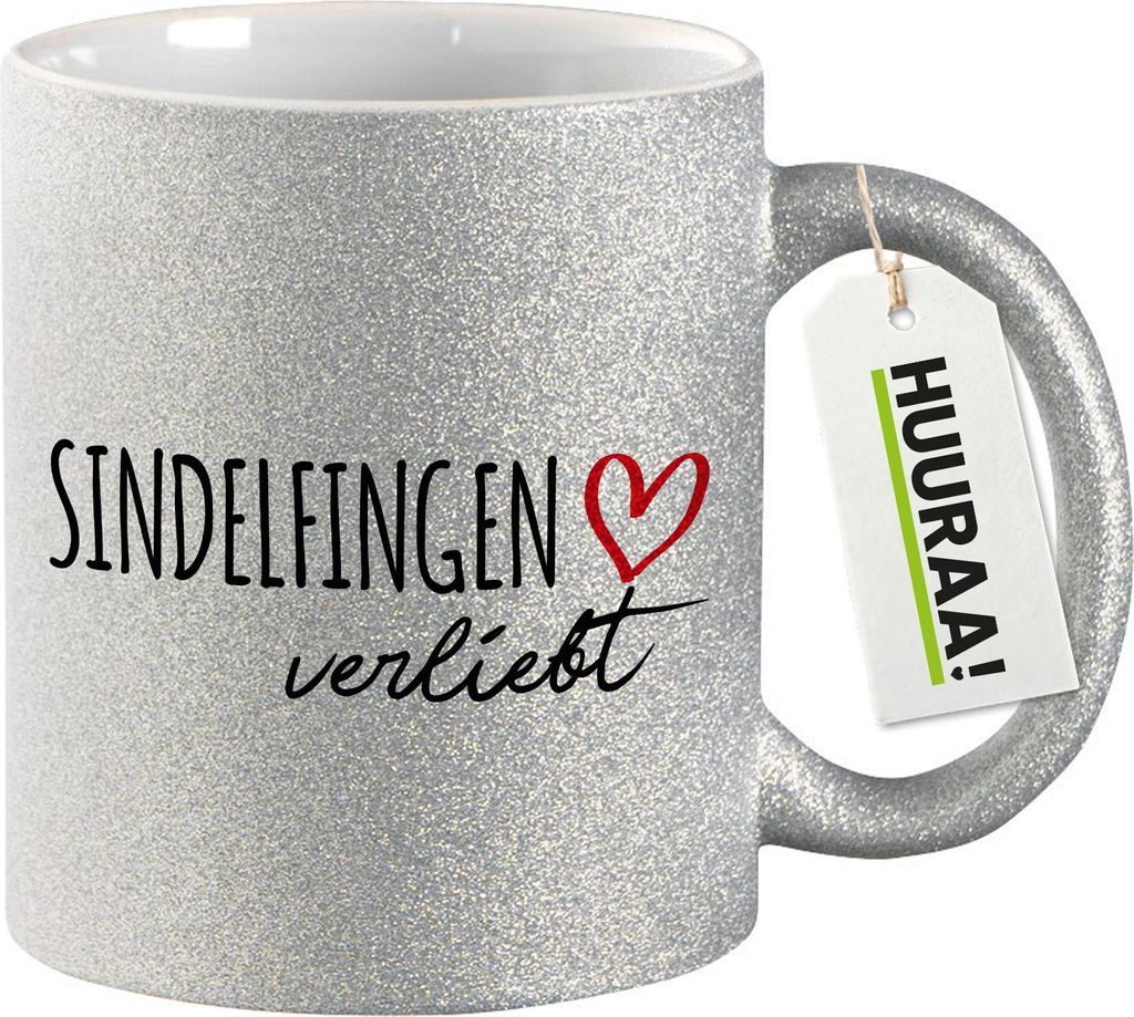 Huuraa Glitzertasse Sindelfingen verliebt 330ml Silber Keramik Kaffeebecher Geschenkidee