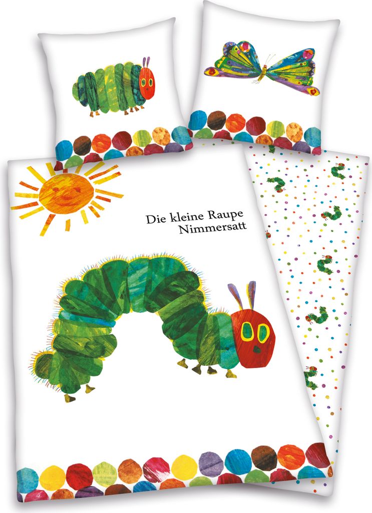 A collage of bedding items featuring illustrations from 'The Very Hungry Caterpillar'.