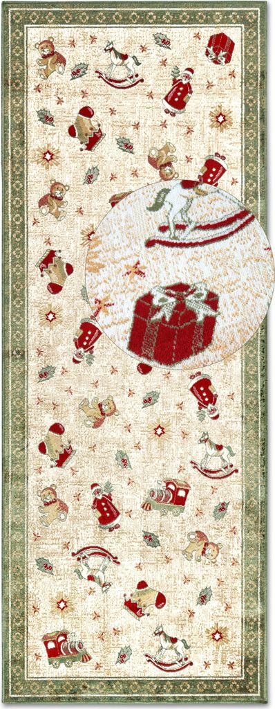 A close-up view of a rug with a repeating pattern of Christmas toys and festive elements.