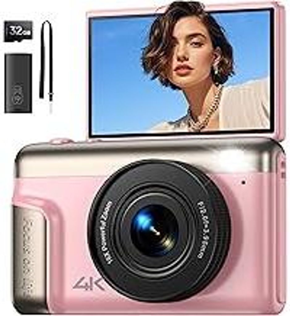 Digitalkamera 4K Fotokamera 64MP Kamera: Vlogging Fotoapparat für Videos mit 3 Klapp-Bildschirm Tragbare Batterie Kompaktkamera mit 16X Digitalzoo...